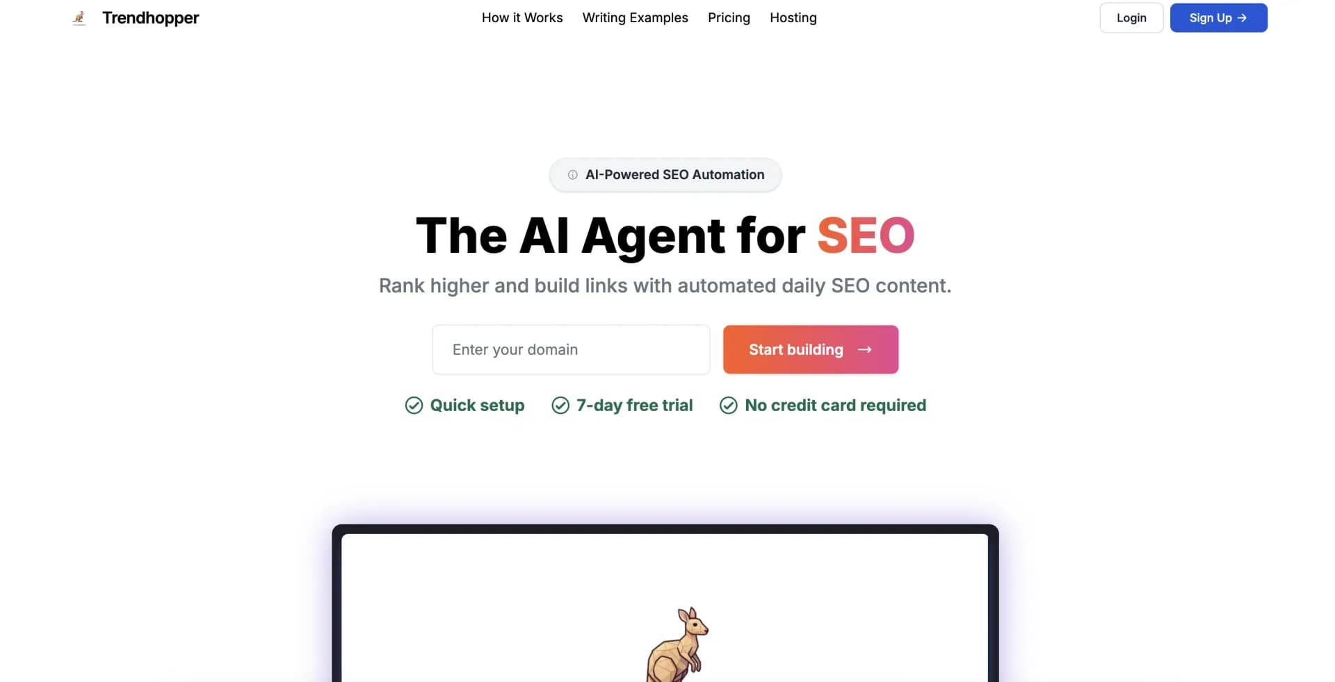Trendhopper homepage screenshot — AI-powered blogging platform that automates content creation