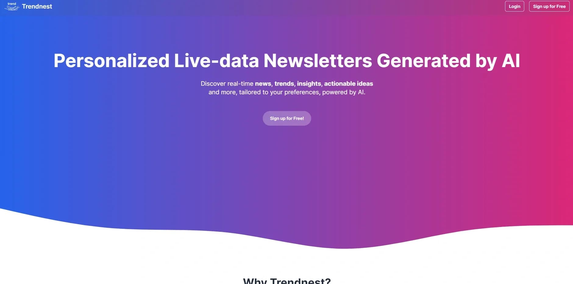 Trendnest homepage screenshot — AI-powered personalized trends and insights.