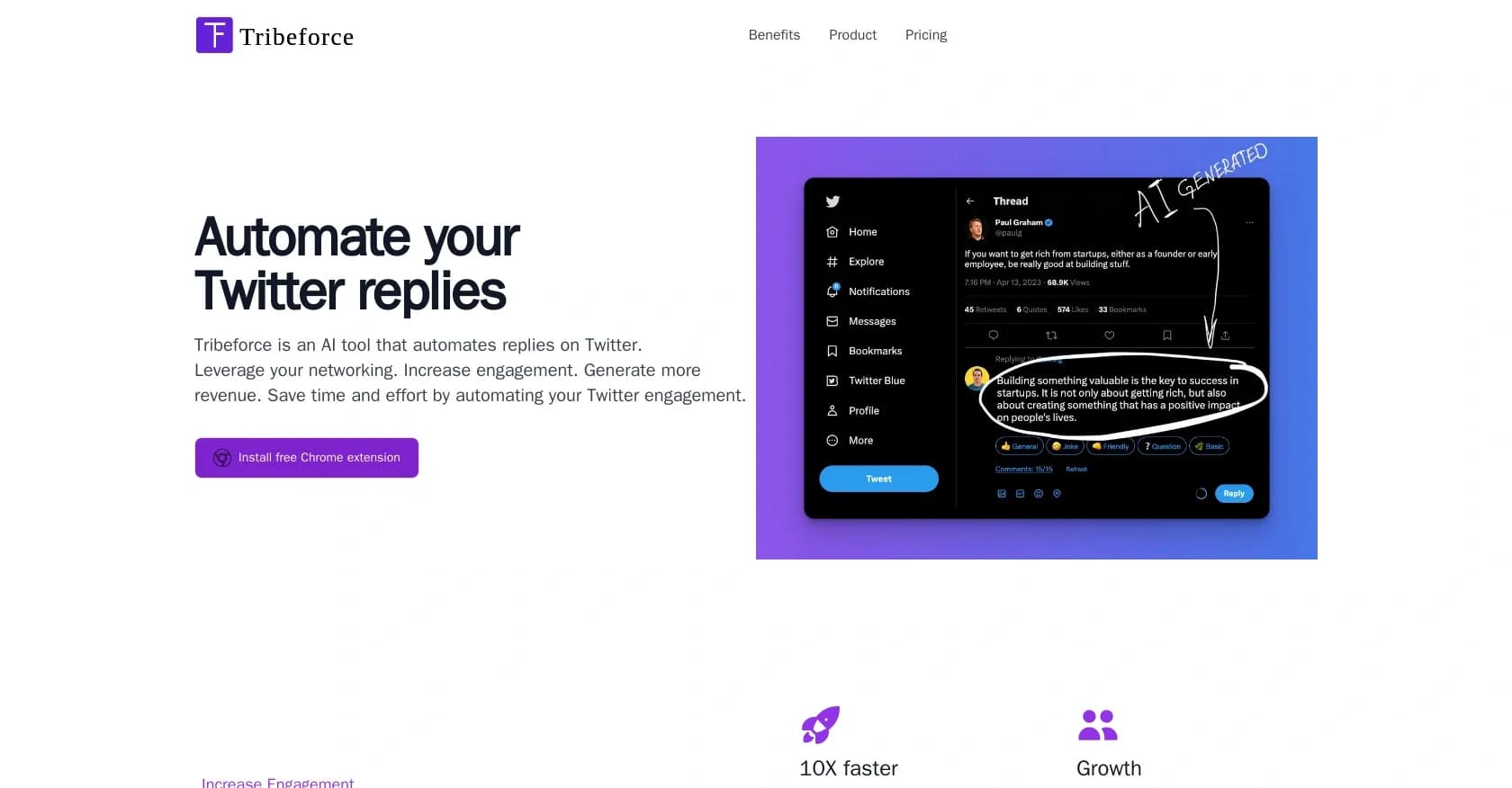 Tribeforce homepage screenshot — AI-powered Twitter replies for faster engagement