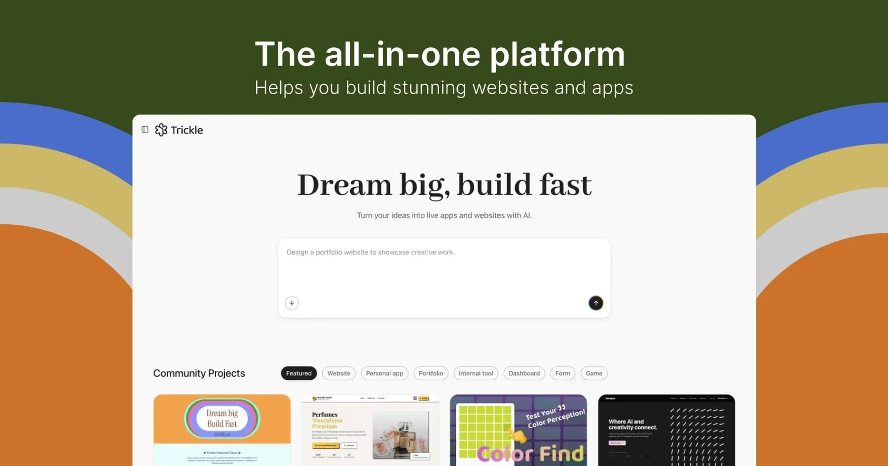 Trickle Magic Canvasv2.0 homepage screenshot — Turn your ideas into live apps and websites with AI.