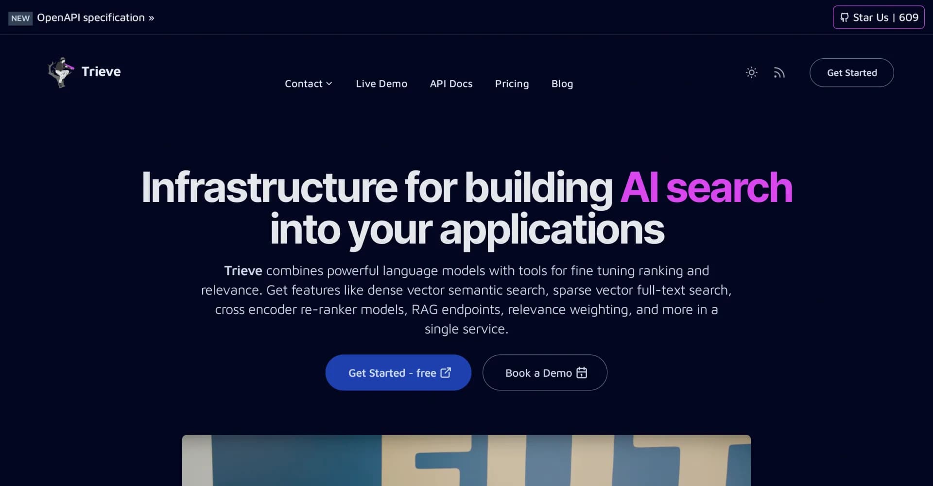 Trieve homepage screenshot — Build AI search into your apps with ease