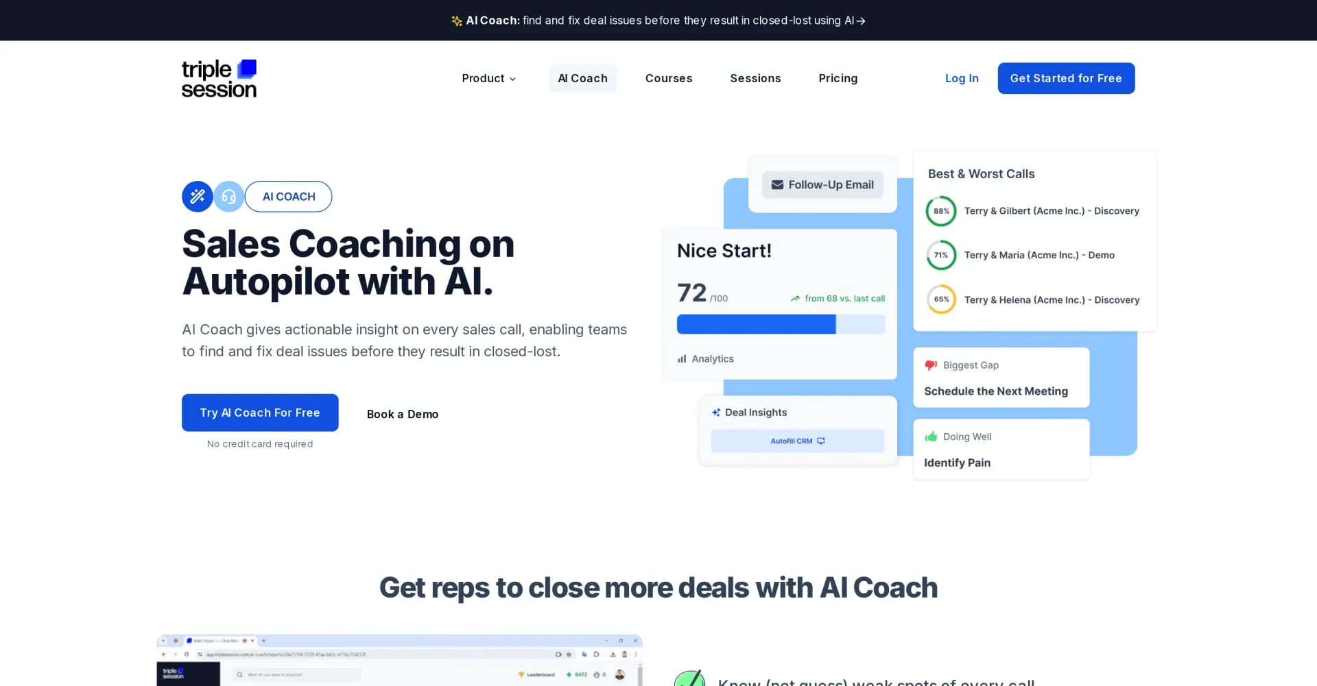 Triple Session - AI Coach homepage screenshot — AI-powered sales coaching to prevent lost deals.
