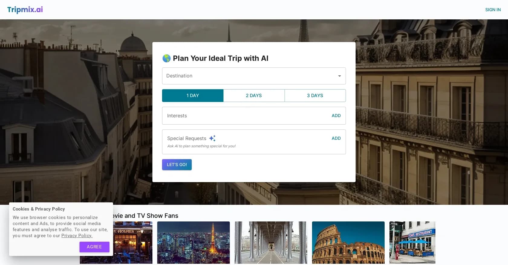 Tripmix homepage screenshot — AI-powered personalized travel planning