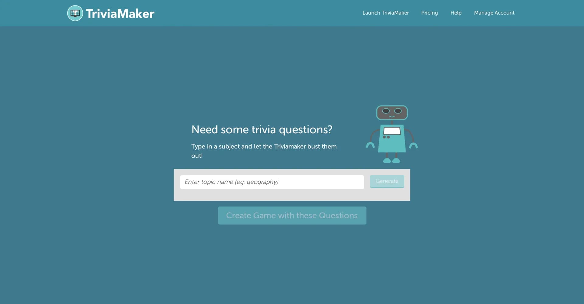 TriviaMaker homepage screenshot — Transform content into captivating quizzes instantly.