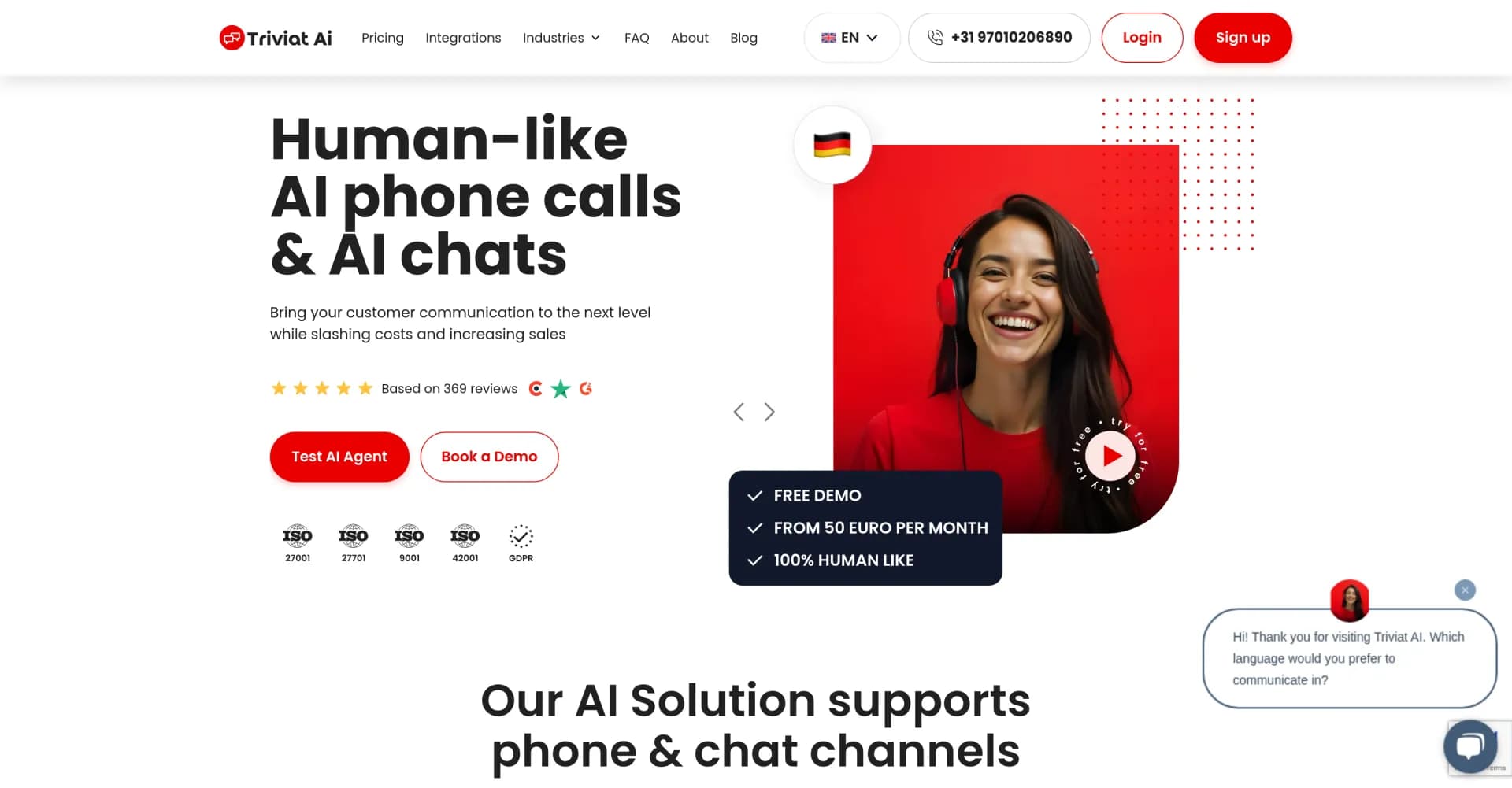 Triviat homepage screenshot — Human-like AI for phone calls and chats