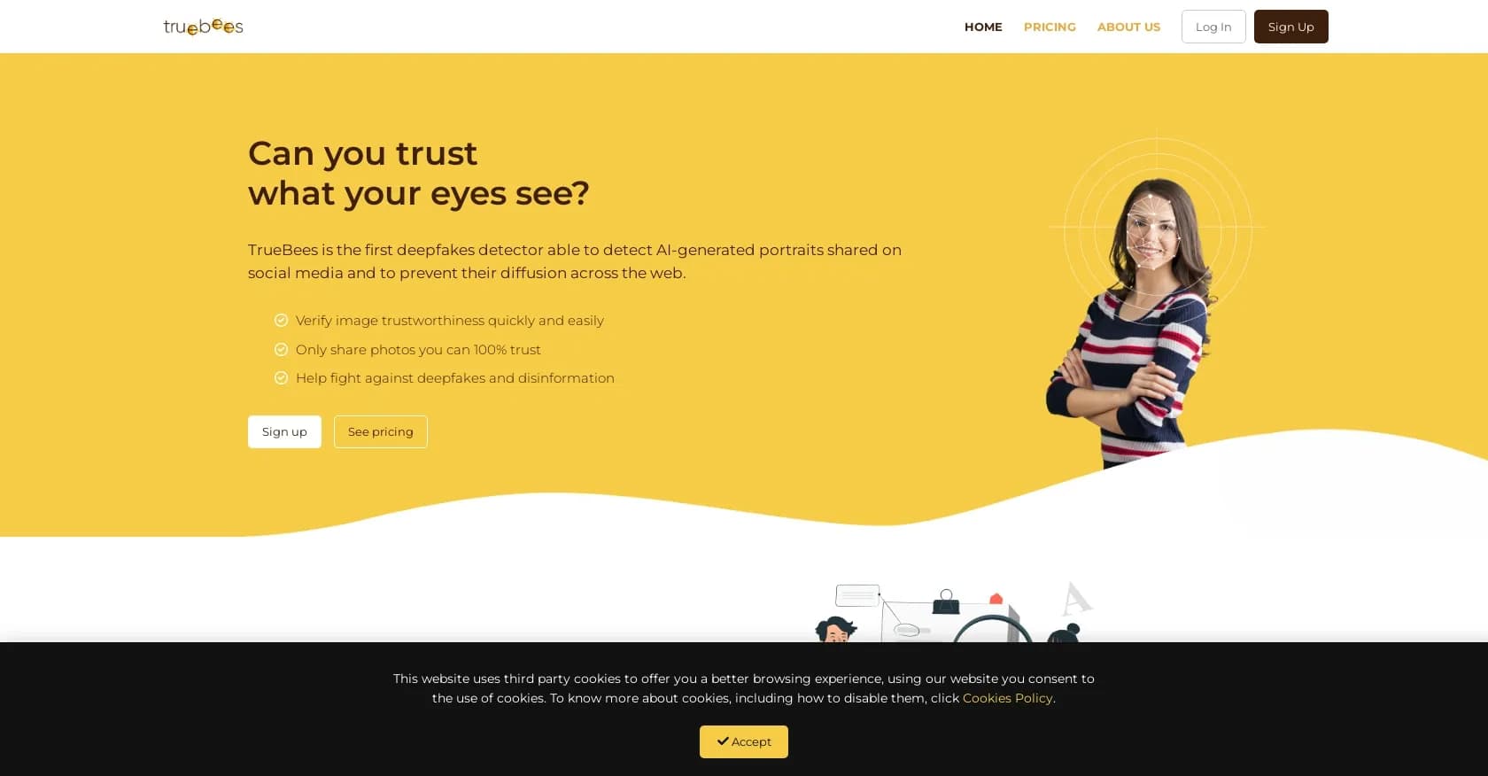 Truebees homepage screenshot — Detect AI-generated portraits on social media