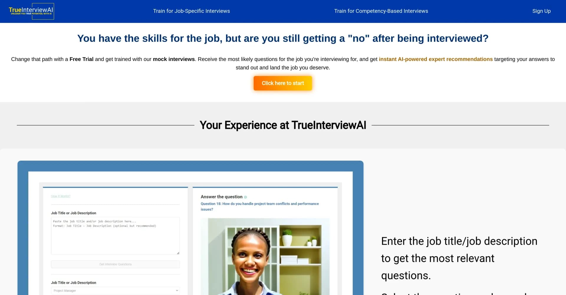 TrueInterviewAI homepage screenshot — Ace your interview with AI-powered mock sessions