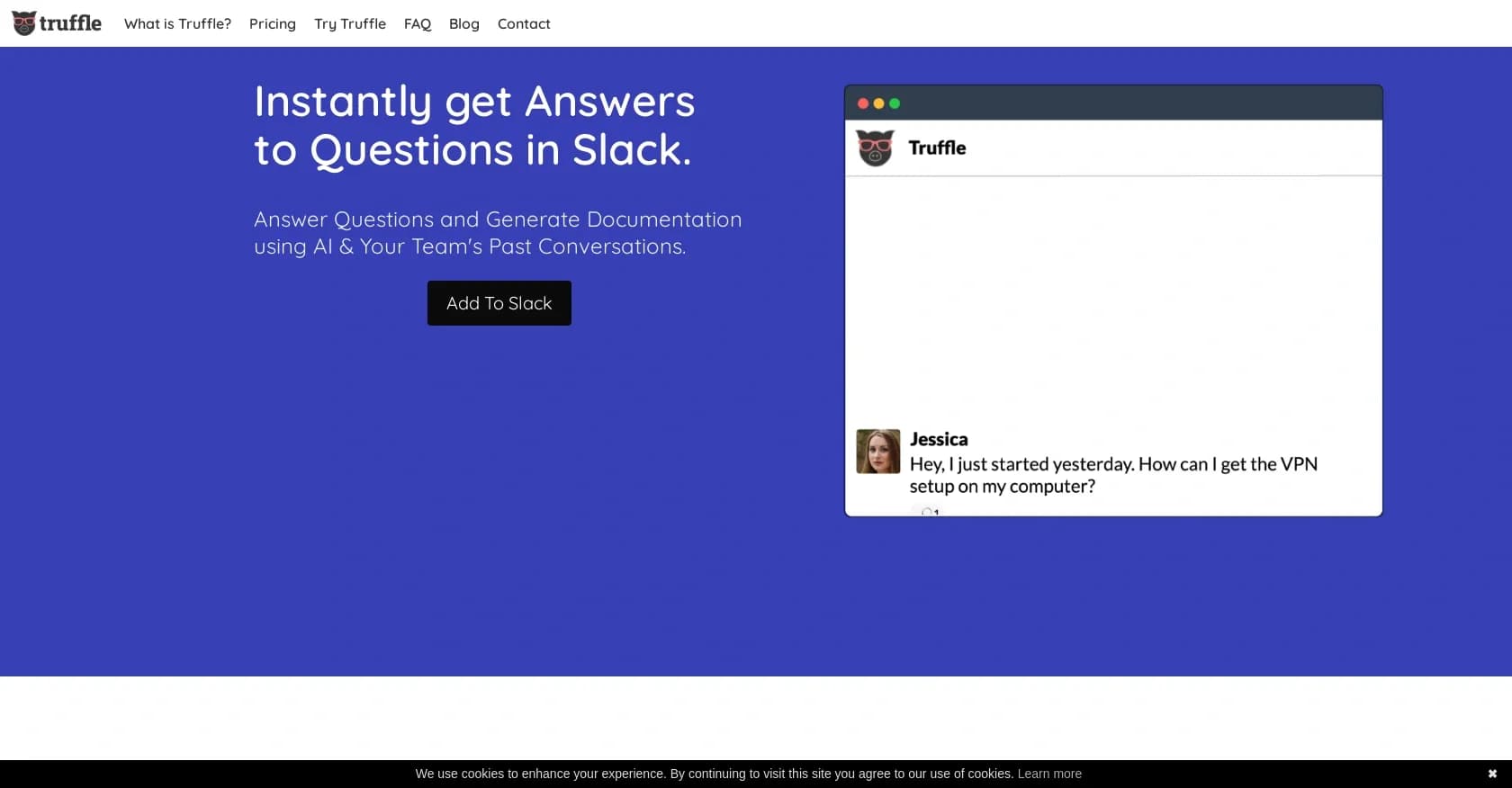 Truffle homepage screenshot — Instant AI answers from Slack conversations.
