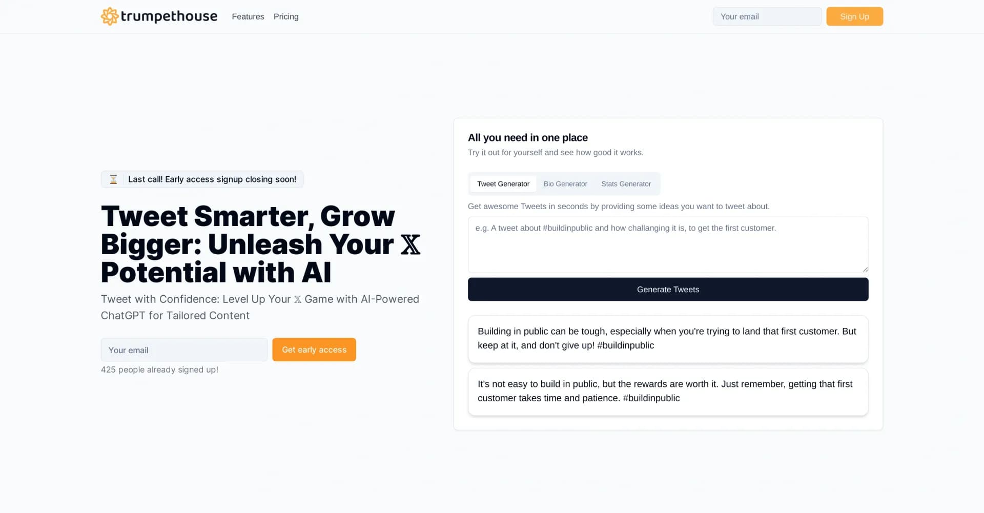 Trumpet House homepage screenshot — Unleash your Twitter potential with AI-powered tools.