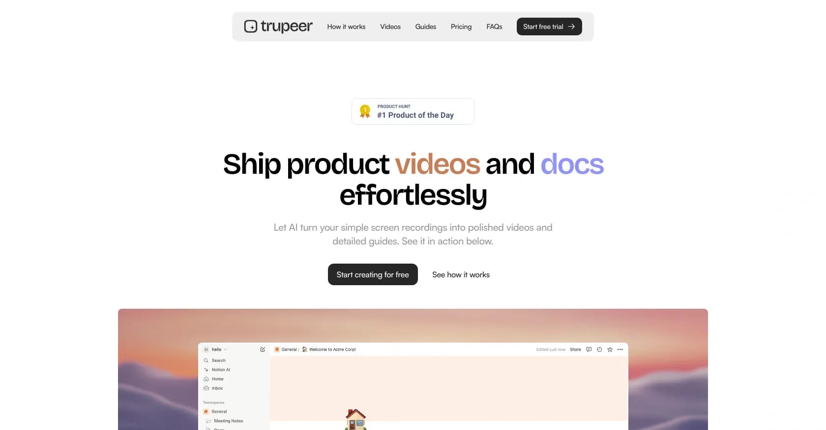Trupeer homepage screenshot — AI transforms screen recordings into polished videos and gui