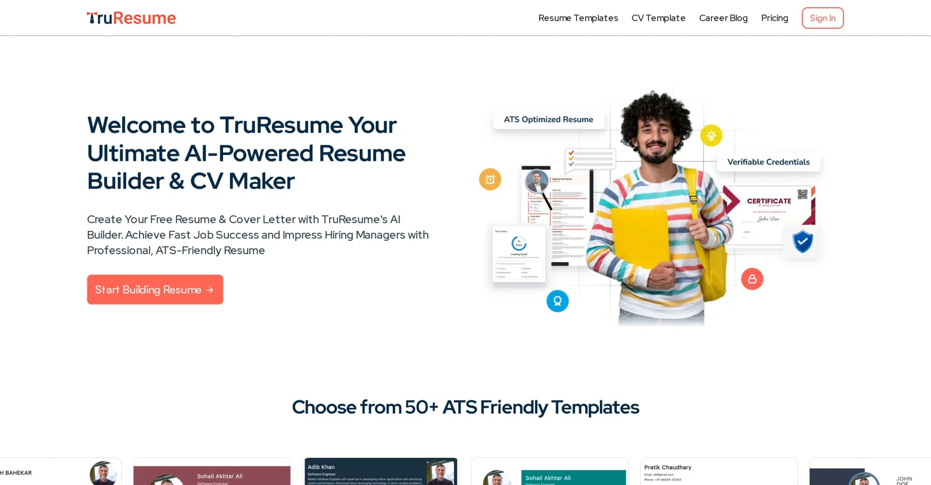 TruResume homepage screenshot — AI-powered resume builder for job success