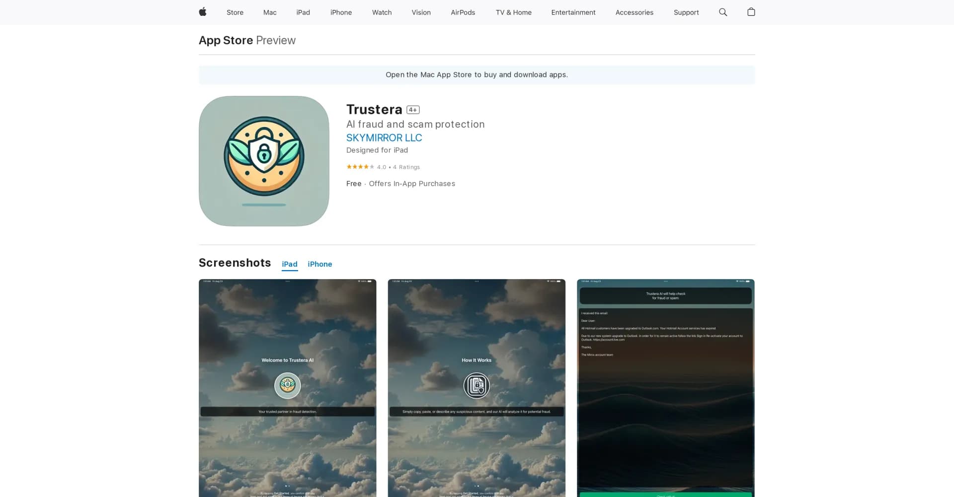 Trustera homepage screenshot — AI-powered shield against scams and fraud