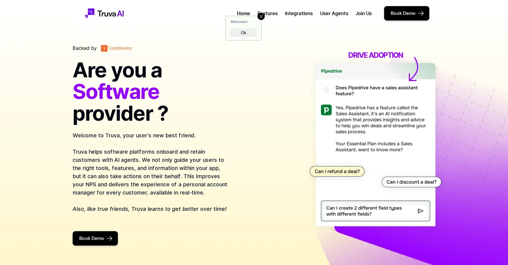 TruvaAI homepage screenshot — AI assistant that learns and acts within your app