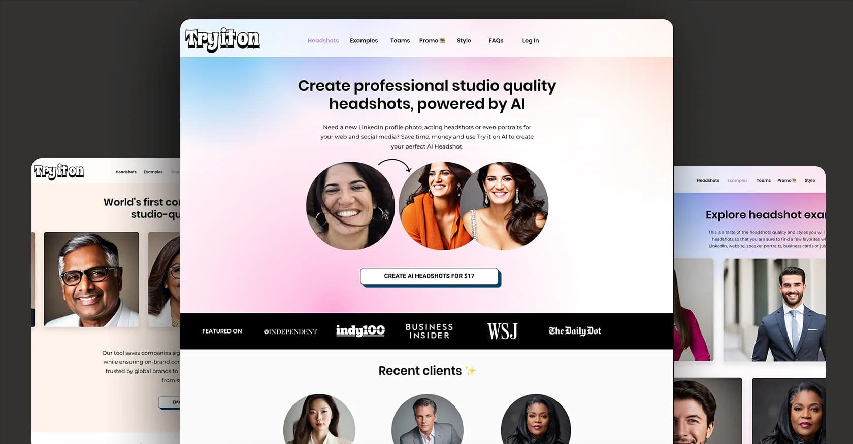 Try it on AI homepage screenshot — AI-powered studio-quality headshots in 48 hours