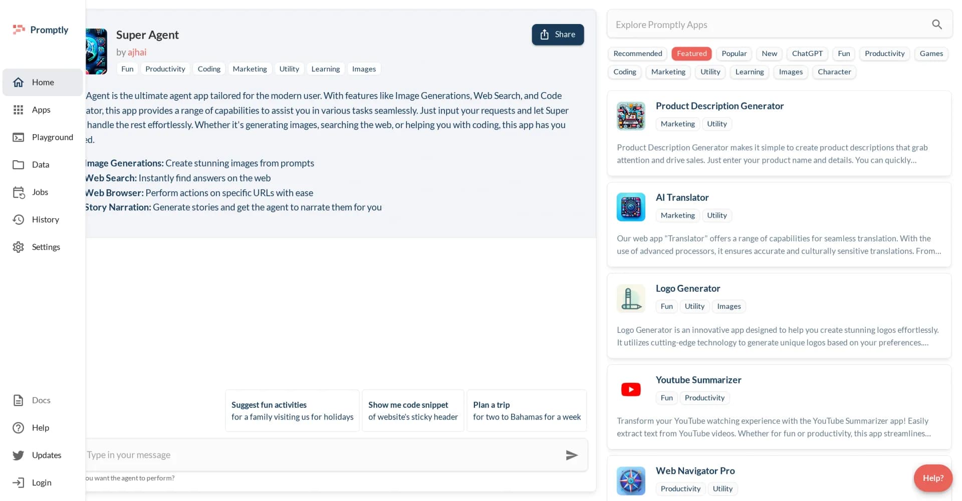 Trypromptly homepage screenshot — Build AI apps and chatbots without code