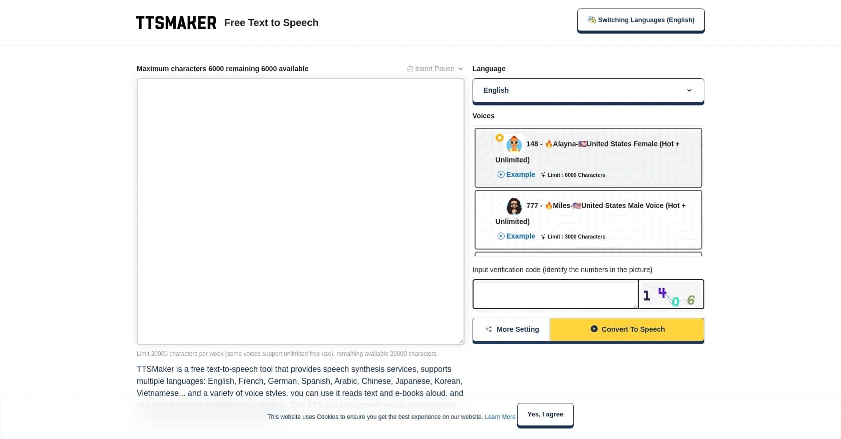 TTSMaker homepage screenshot — Convert text to natural speech in 100+ languages.