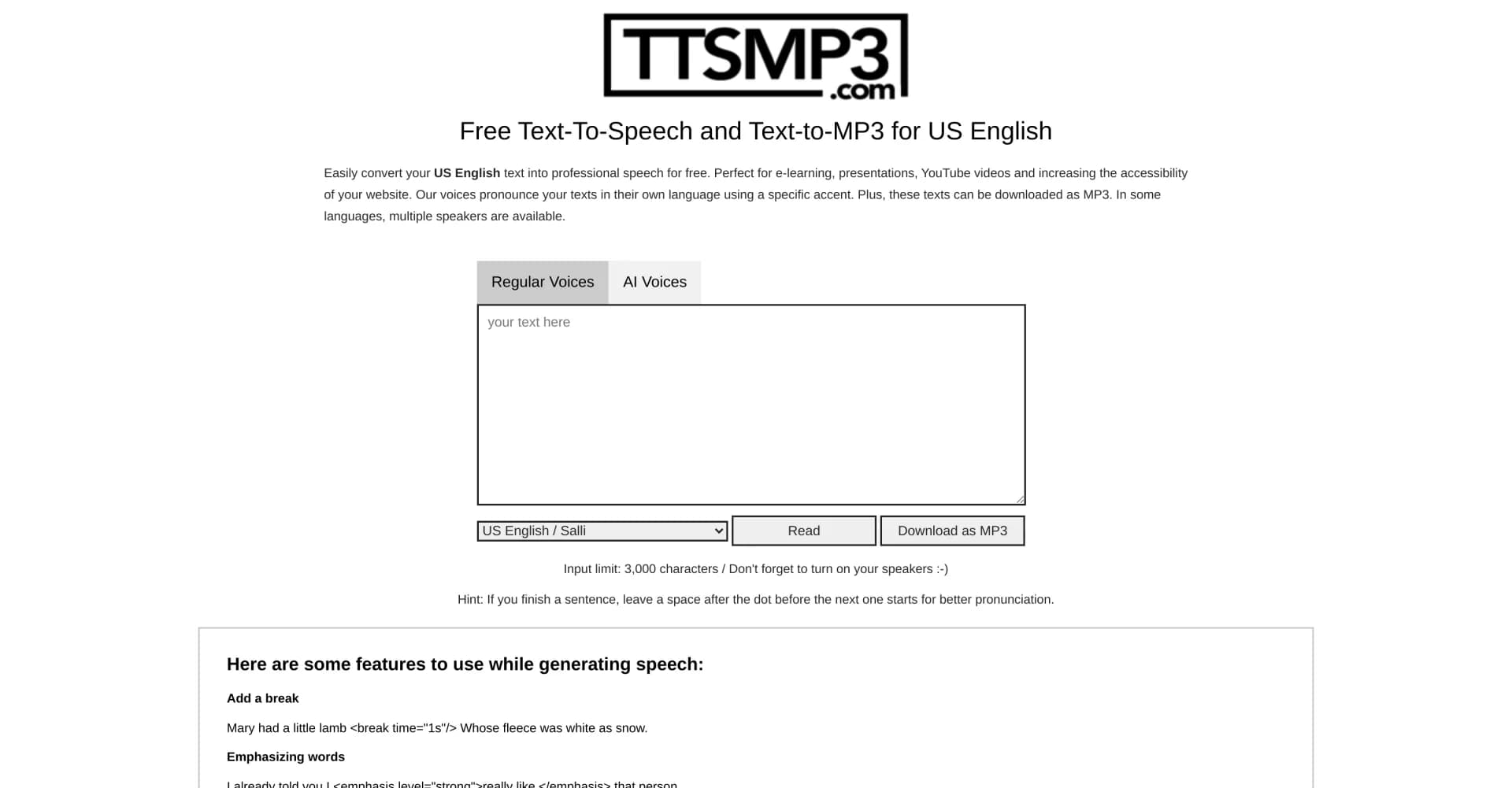 ttsMP3 homepage screenshot — Convert text to speech in 28+ languages