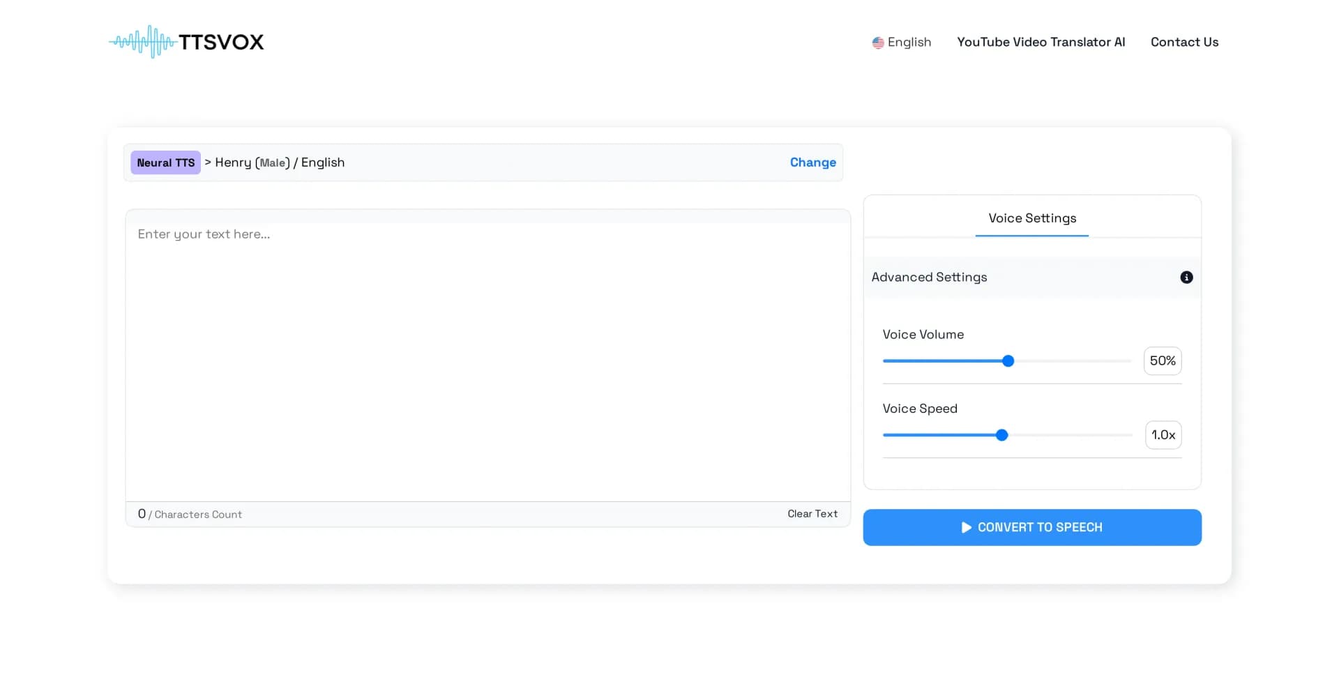 TTSVox homepage screenshot — Convert text to natural-sounding speech instantly.