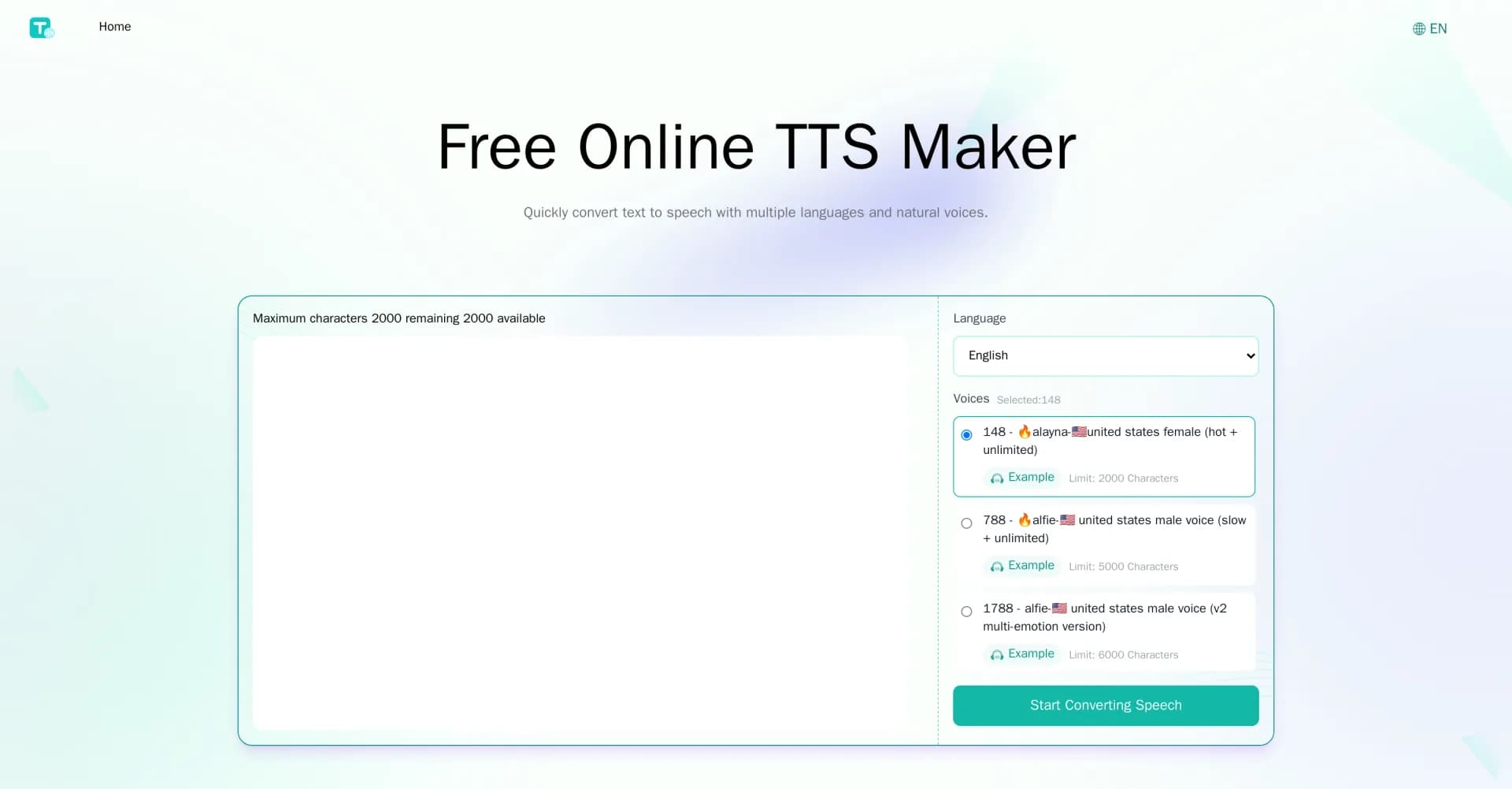 TTSynth homepage screenshot — Convert text to lifelike speech in multiple languages.