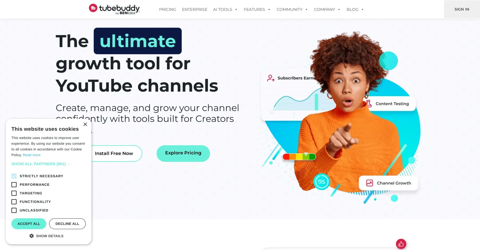Tubebuddy homepage screenshot — Boost your YouTube channel with AI-powered tools.