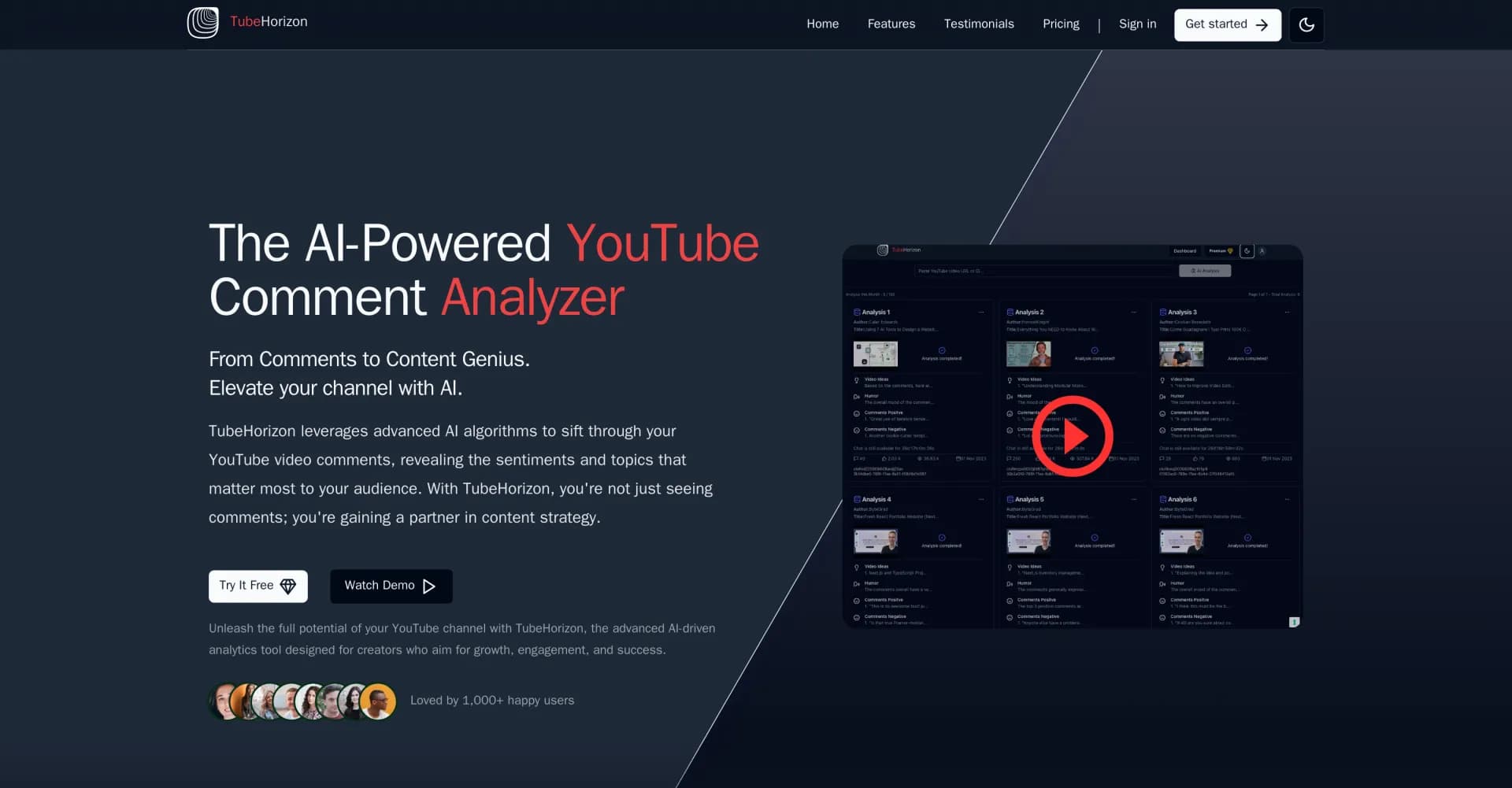 TubeHorizon homepage screenshot — Unleash your YouTube channel potential with AI-driven analyt