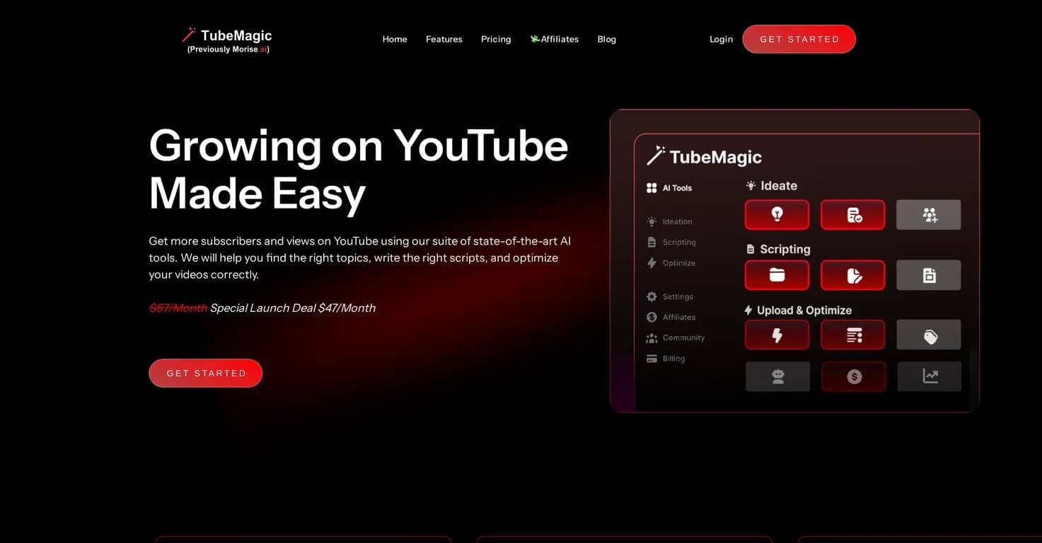 TubeMagic homepage screenshot — AI tools to boost YouTube success