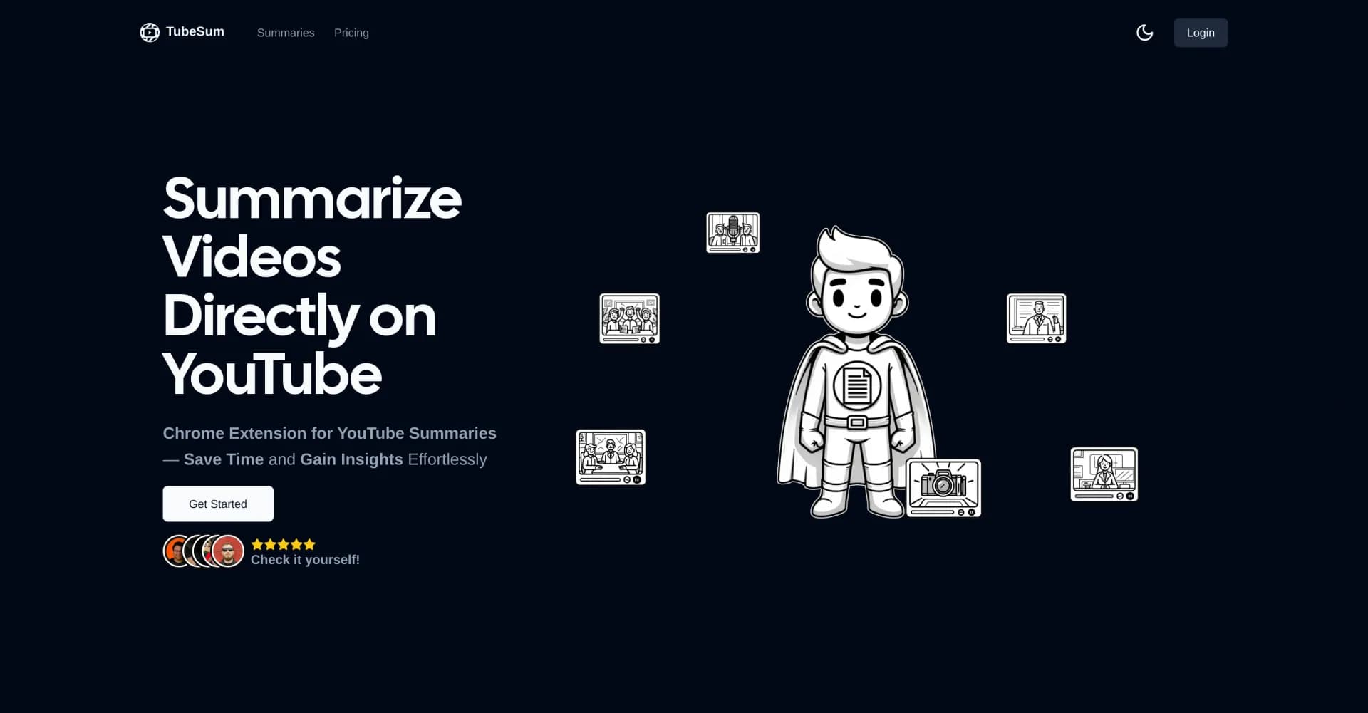 TubeSum homepage screenshot — Instant YouTube video summaries in your browser