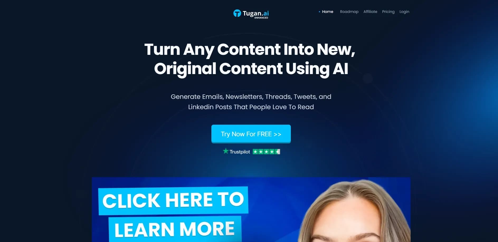 Tugan homepage screenshot — Generated content for marketing.