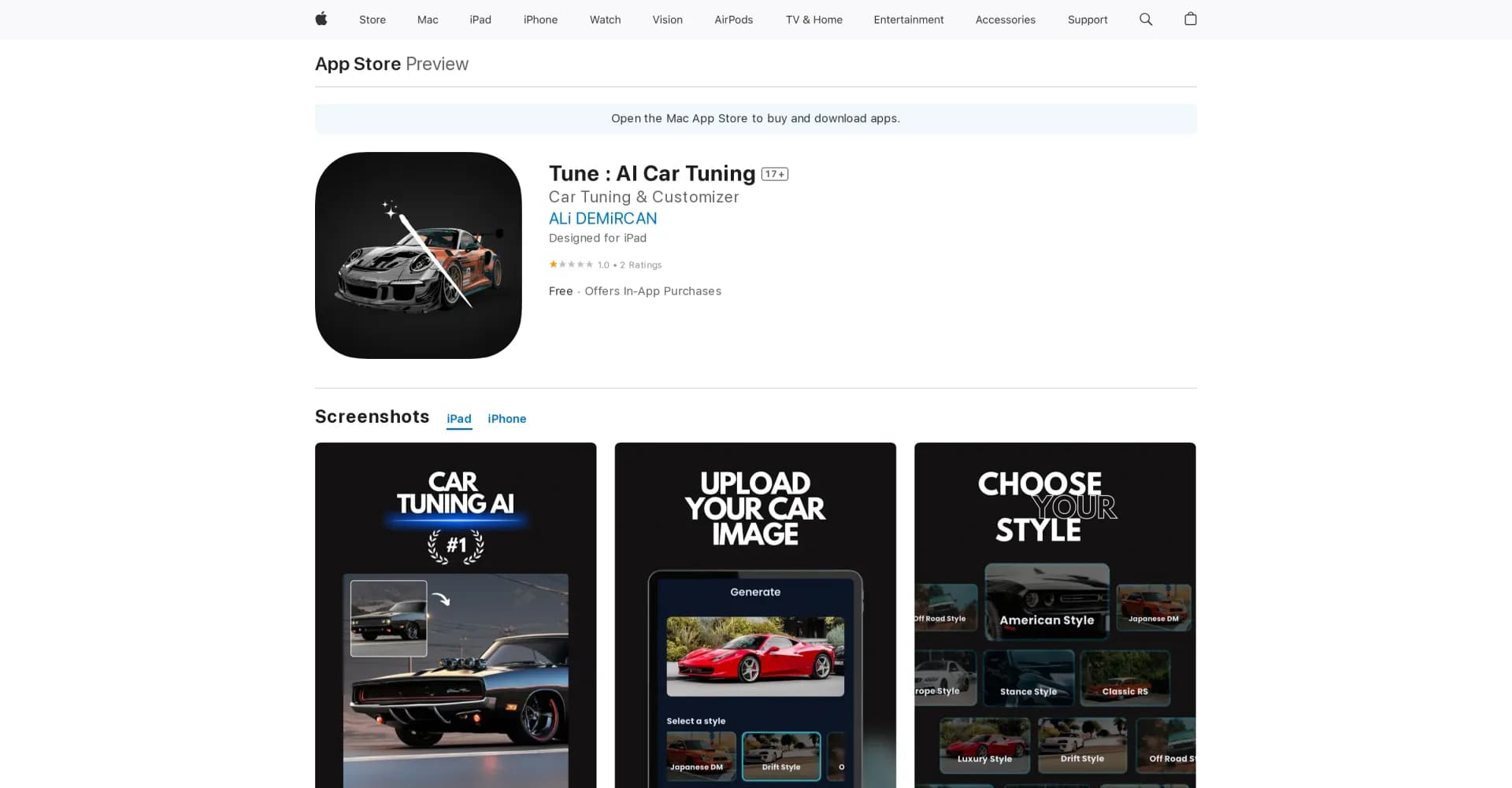 Tune: AI Car Tuning homepage screenshot — Transform your ride with AI car modifications
