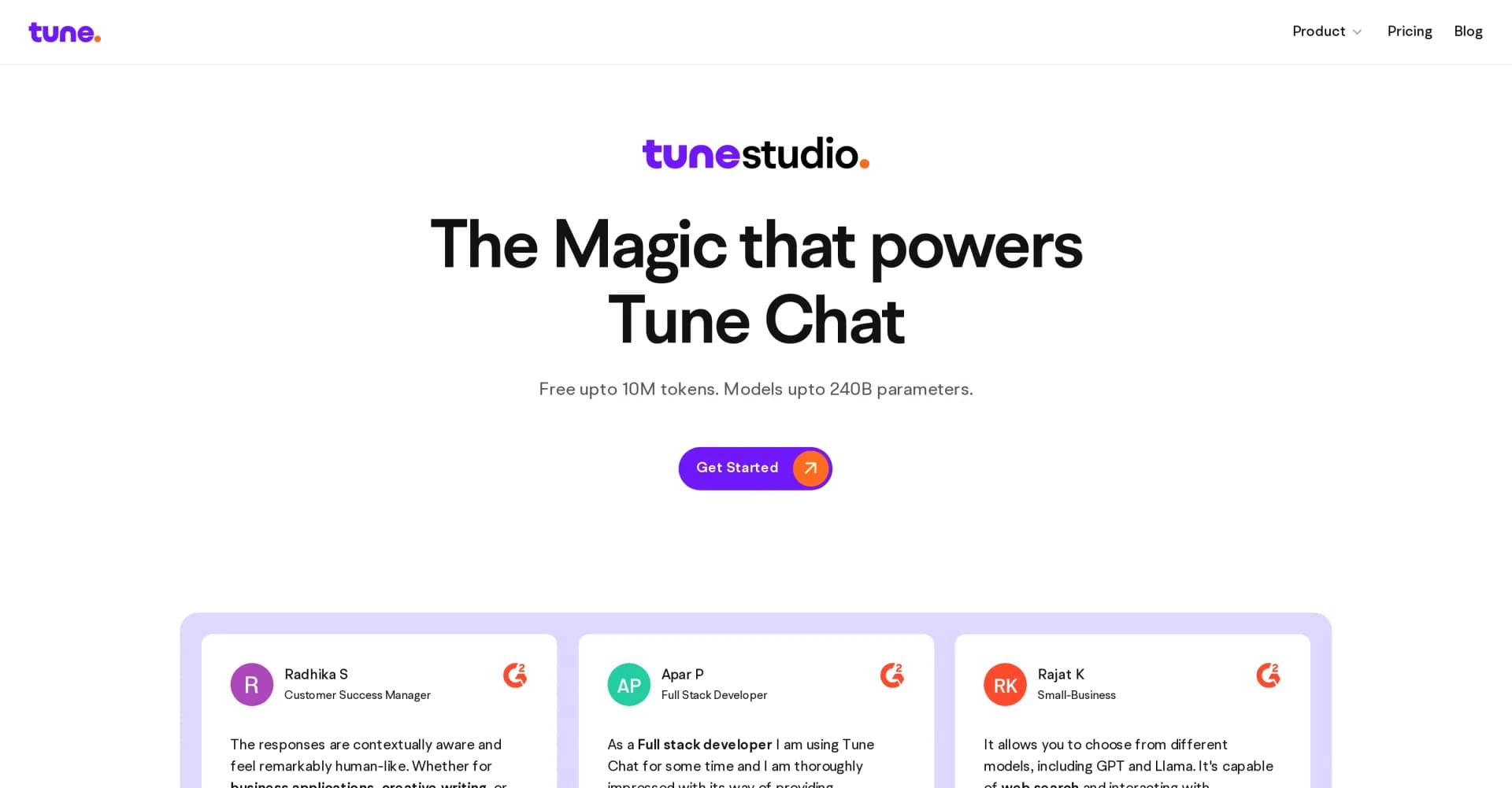 Tune Studio homepage screenshot — Efficient LLM fine-tuning and deployment for teams.