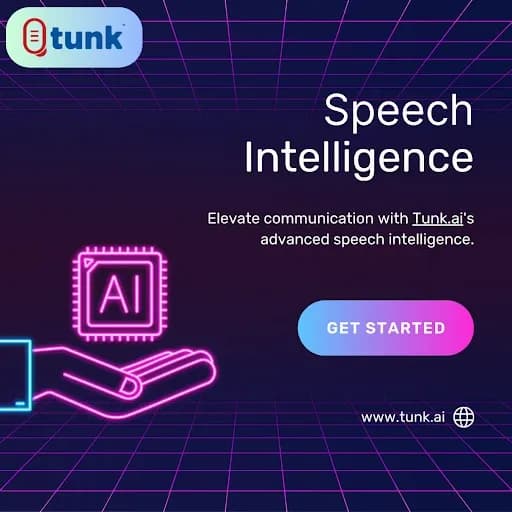 Tunk homepage screenshot — Voice to text app with AI and human transcription services.