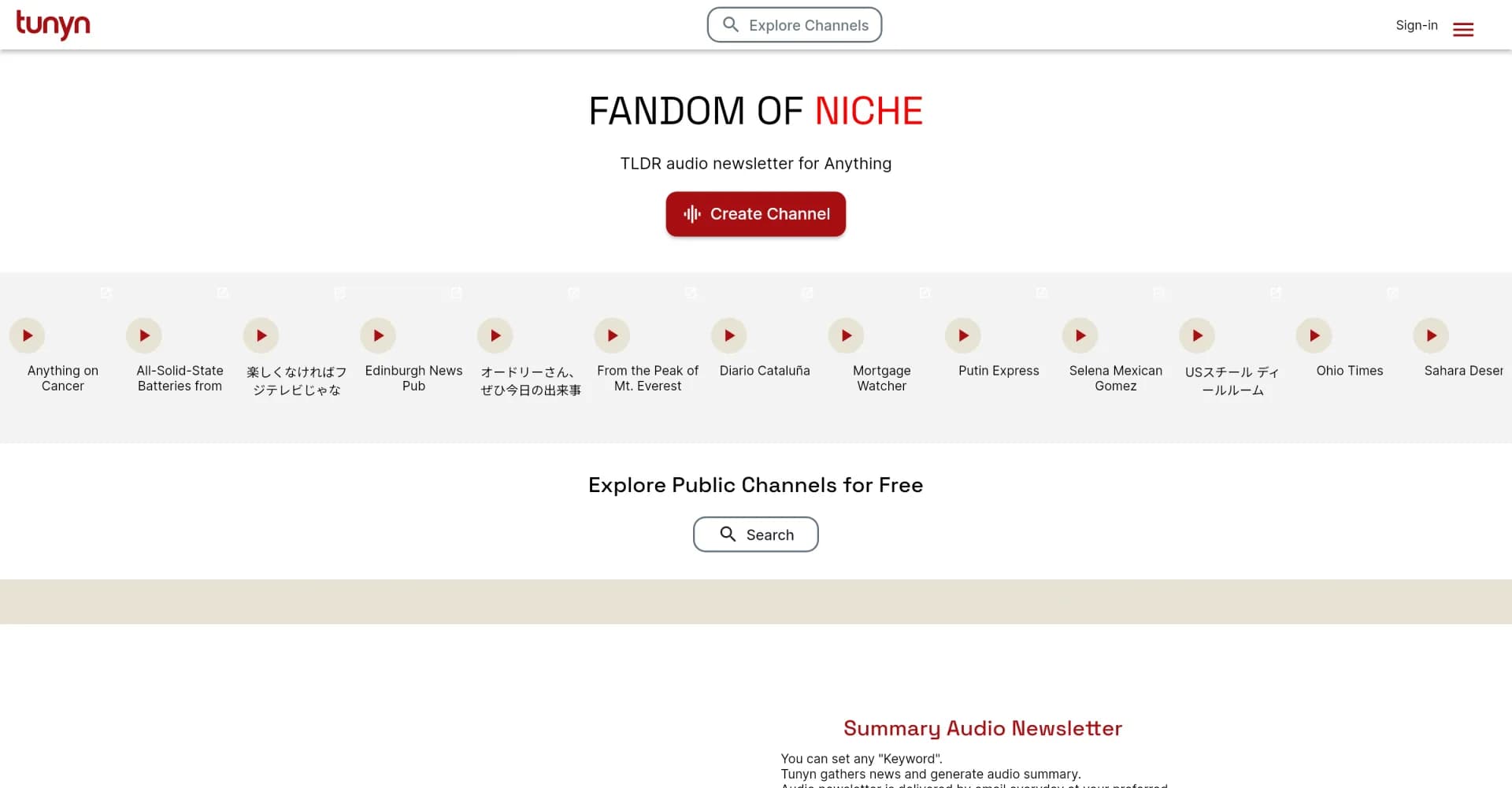 tunyn homepage screenshot — AI-powered audio digests for any topic.
