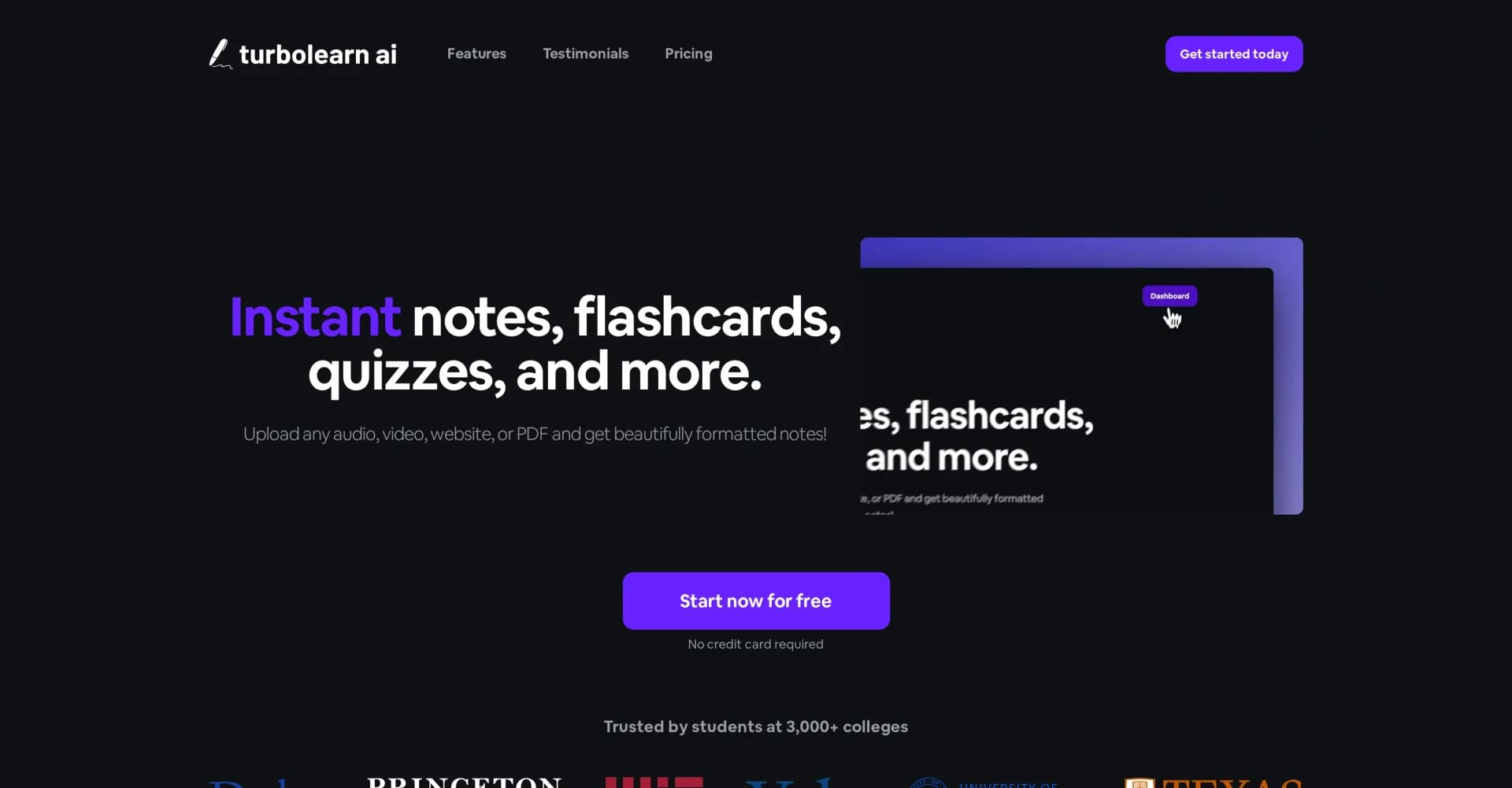 TurboLearn homepage screenshot — Instantly generate notes, flashcards and quizzes from your l