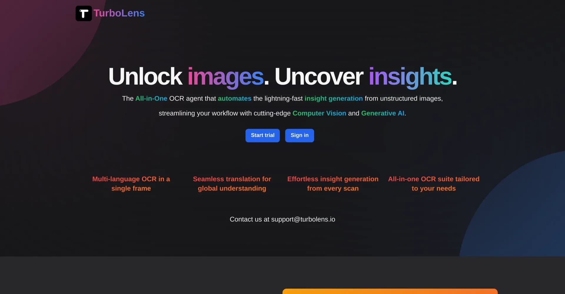 TurboLens homepage screenshot — Unlock images, uncover insights with AI-powered OCR.