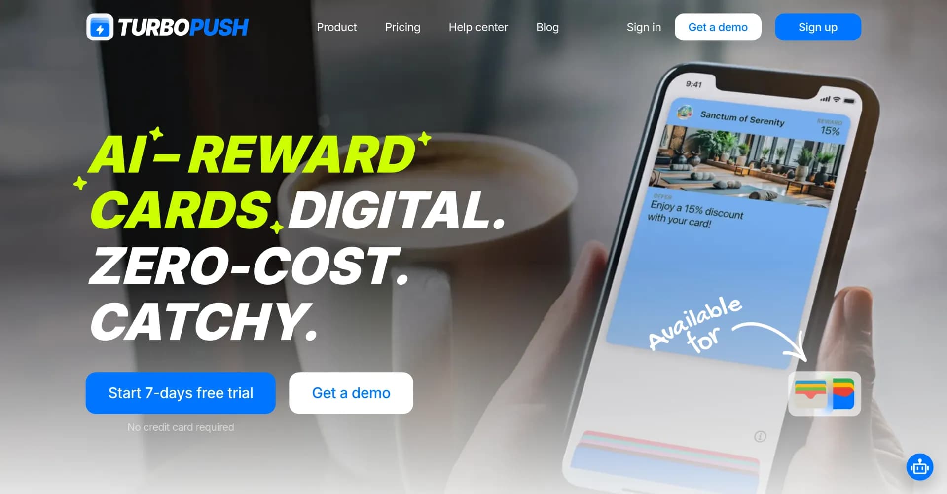 TurboPush homepage screenshot — AI-powered digital loyalty cards for customer retention