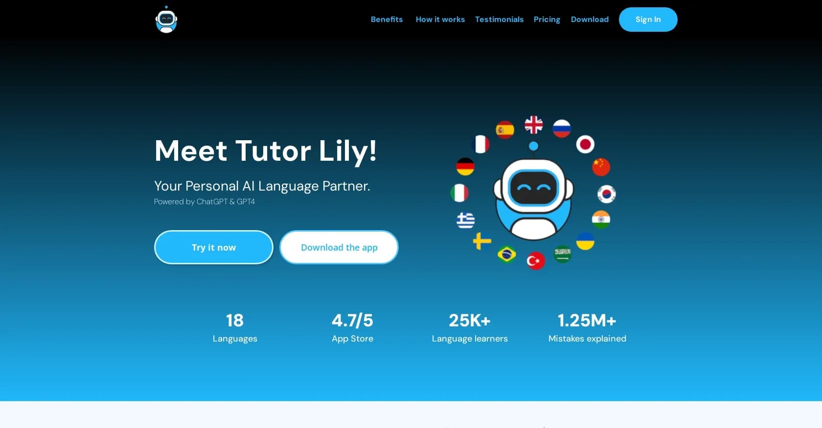 Tutor Lily homepage screenshot — Practice real conversations with an AI language partner.