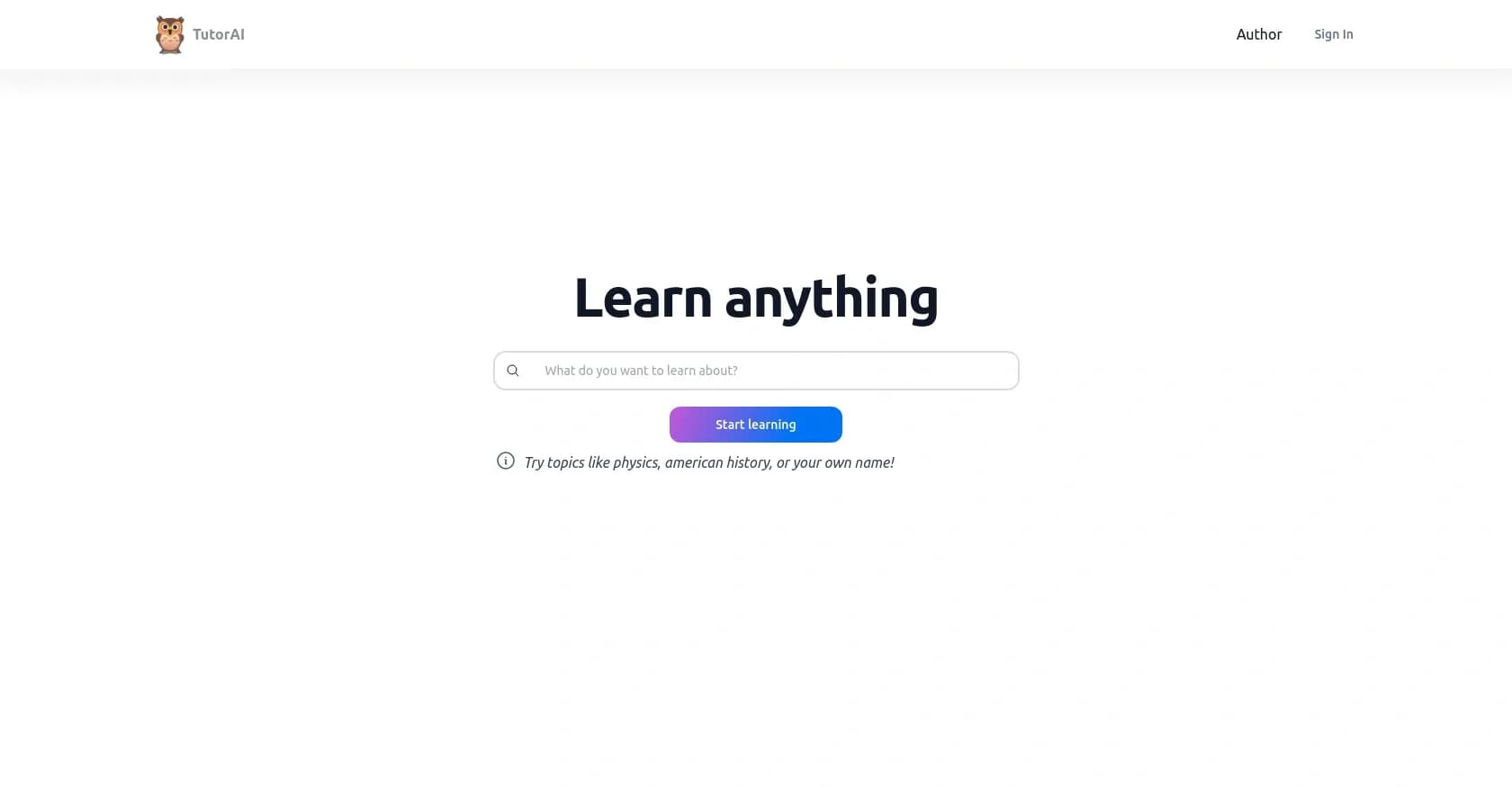 TutorAI homepage screenshot — Instant knowledge on any topic