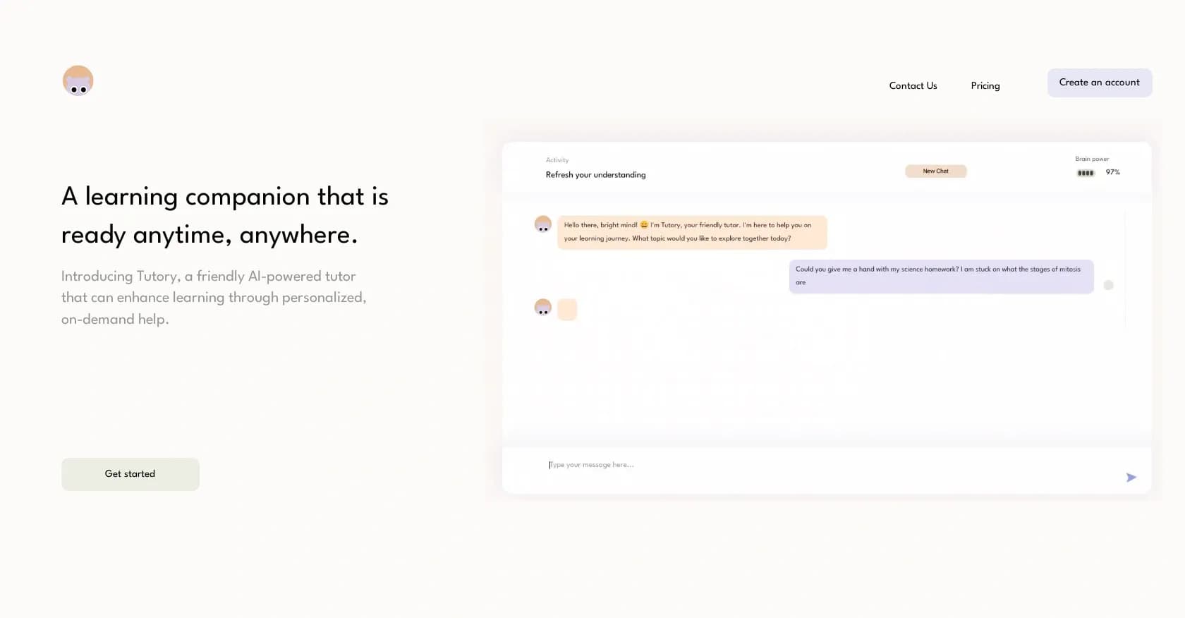 Tutory homepage screenshot — AI tutor for personalized, on-demand learning