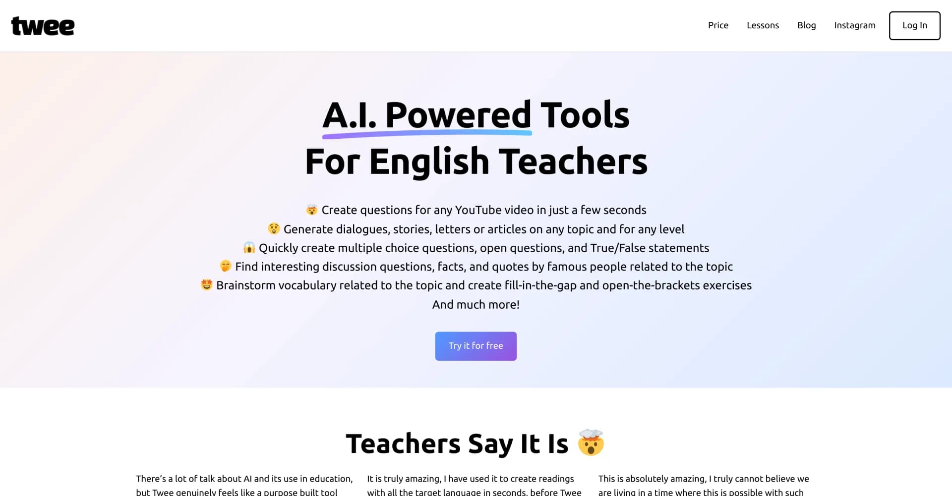 Twee homepage screenshot — AI-powered tools for English teachers