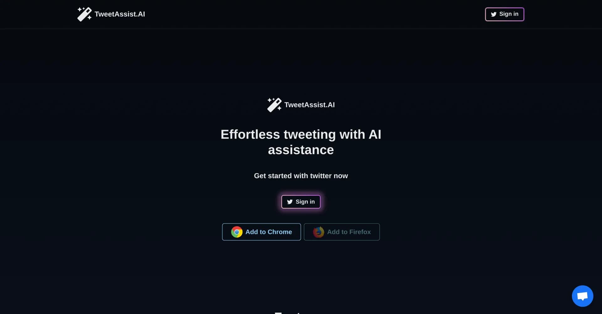 Tweet Assist App homepage screenshot — Effortless tweeting with AI assistance