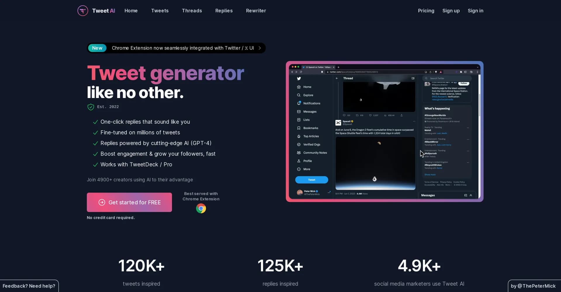 TweetAI homepage screenshot — Inspire and write tweets in seconds