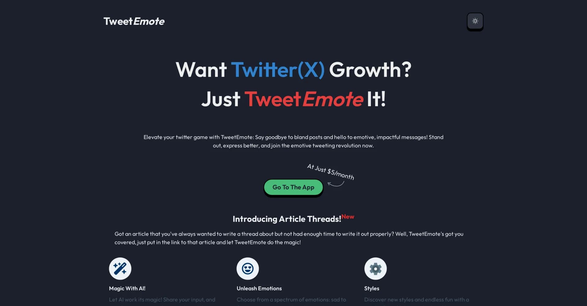 TweetEmote homepage screenshot — Write expressive tweets that boost engagement.