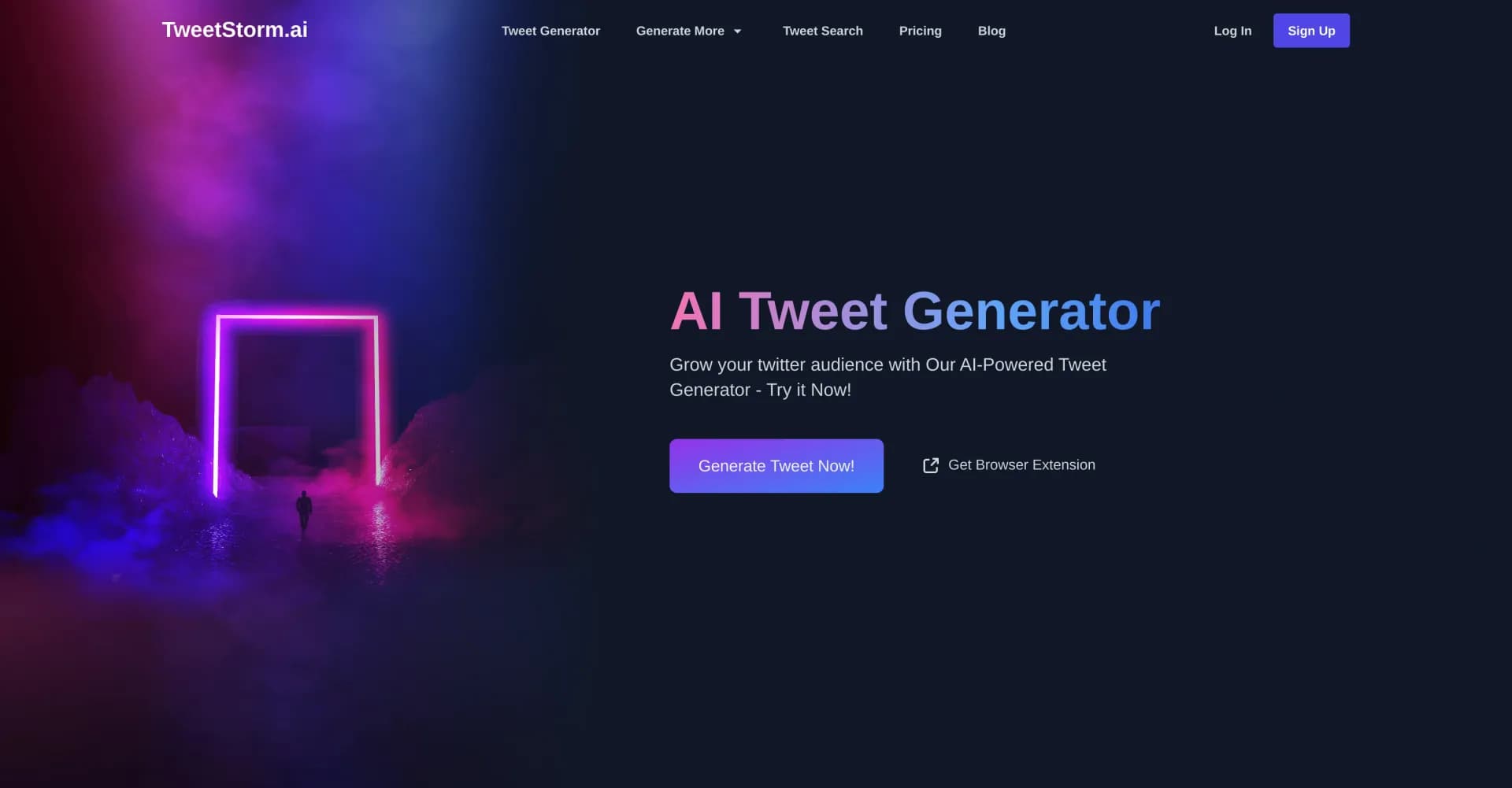 TweetStorm.ai homepage screenshot — AI-powered tweet generator for maximum impact
