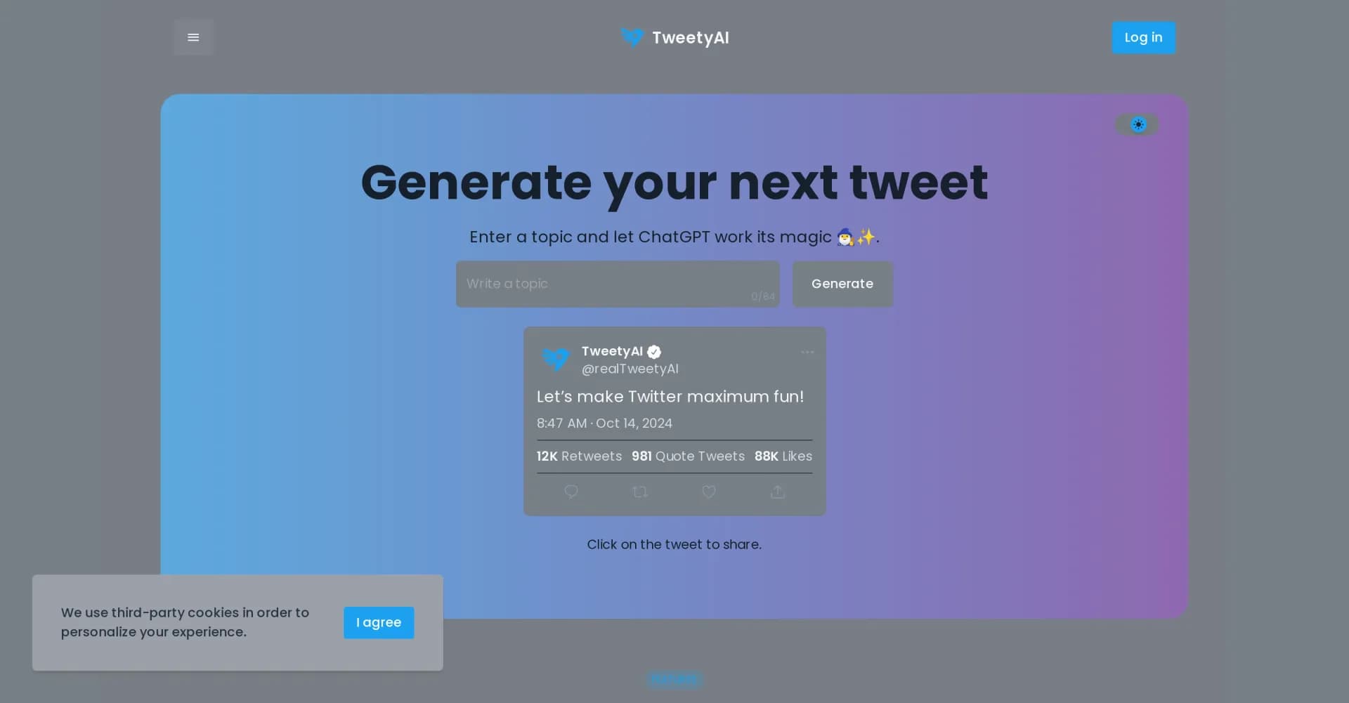 TweetyAI homepage screenshot — AI-powered tweet generator for social media success.