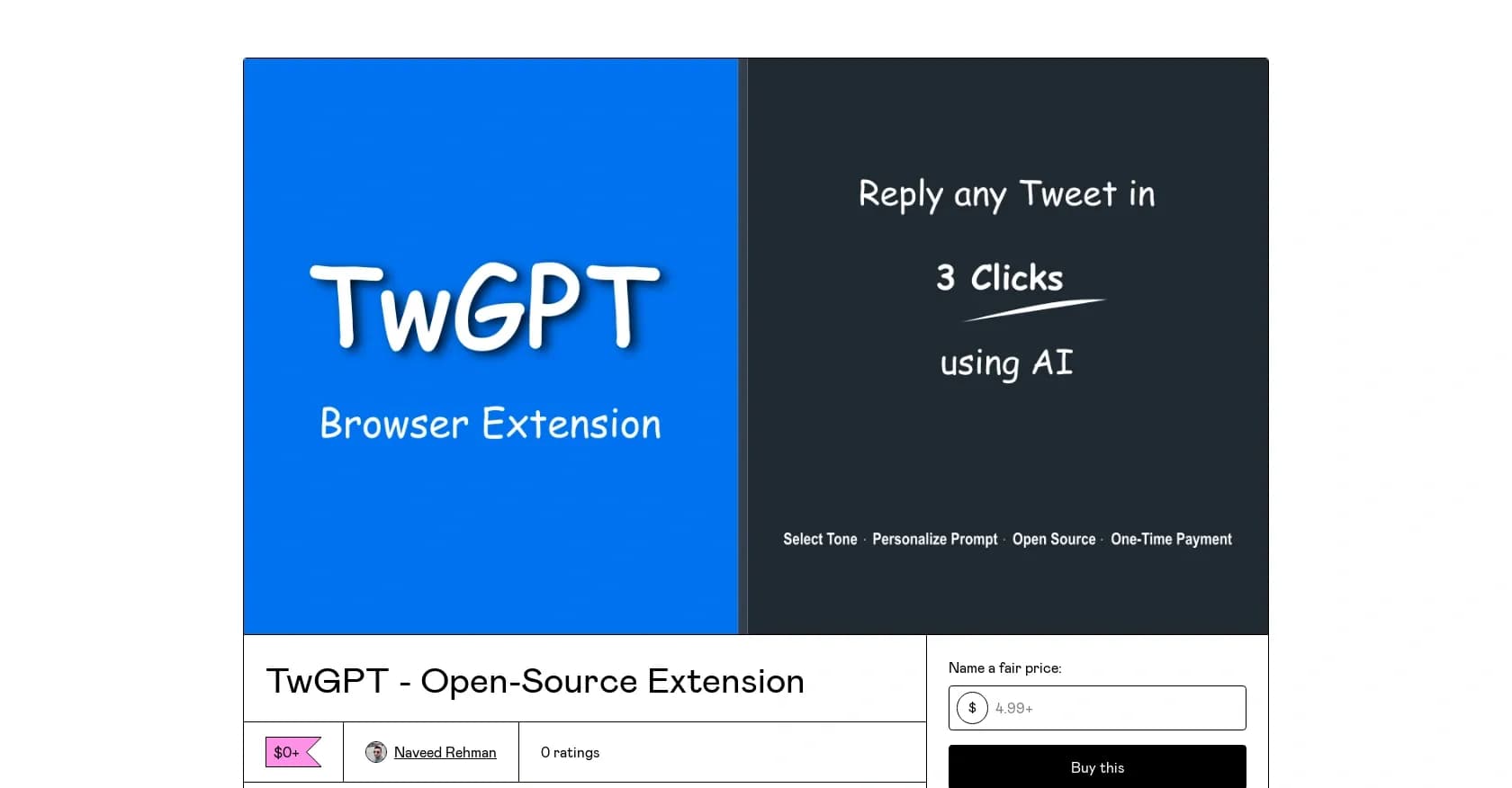 TwGPT homepage screenshot — AI-powered tweet replies in 3 clicks
