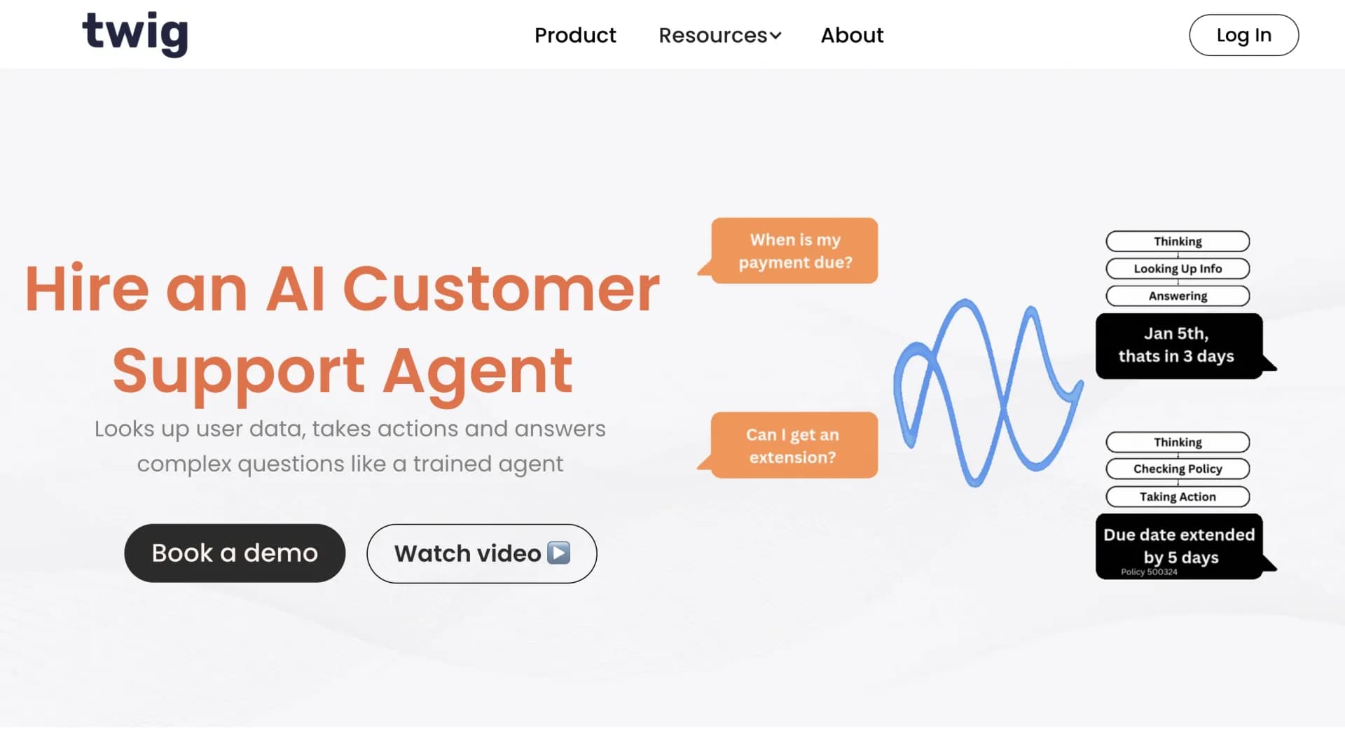 Twig AIv1.2 homepage screenshot — AI analyzes docs to answer customer questions