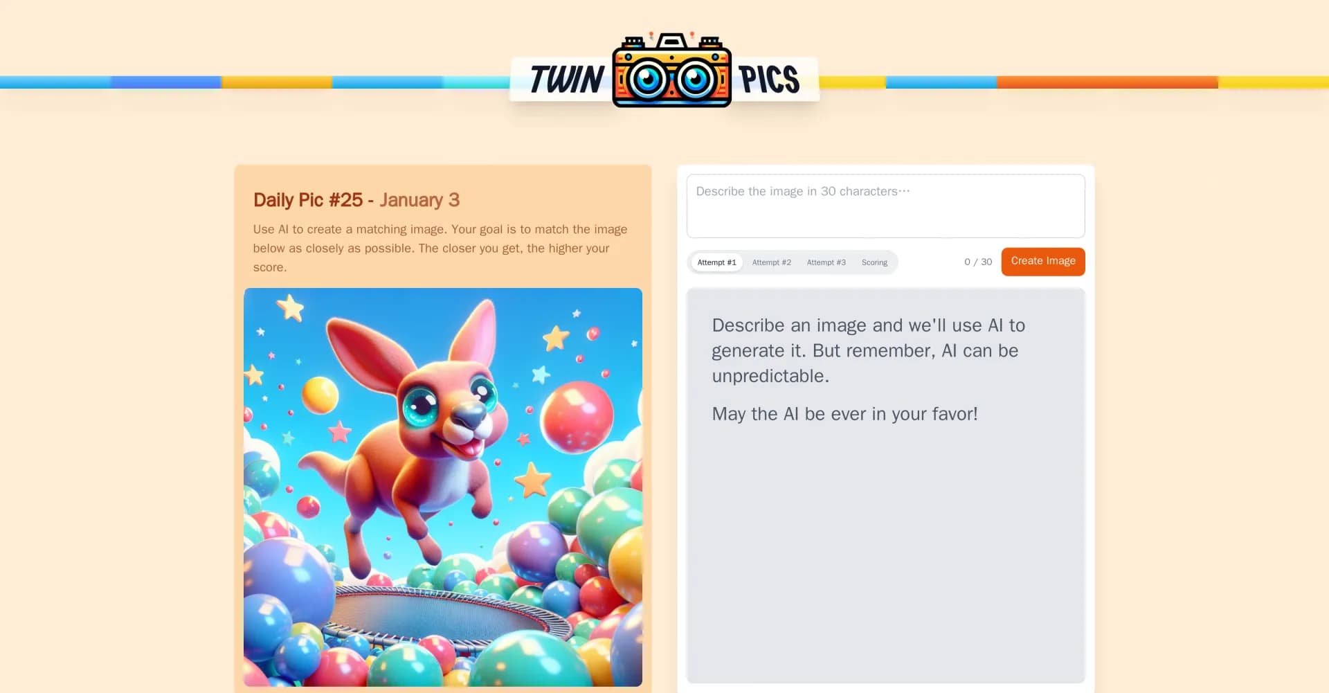 Twin Pics homepage screenshot — Generate matching images with AI.