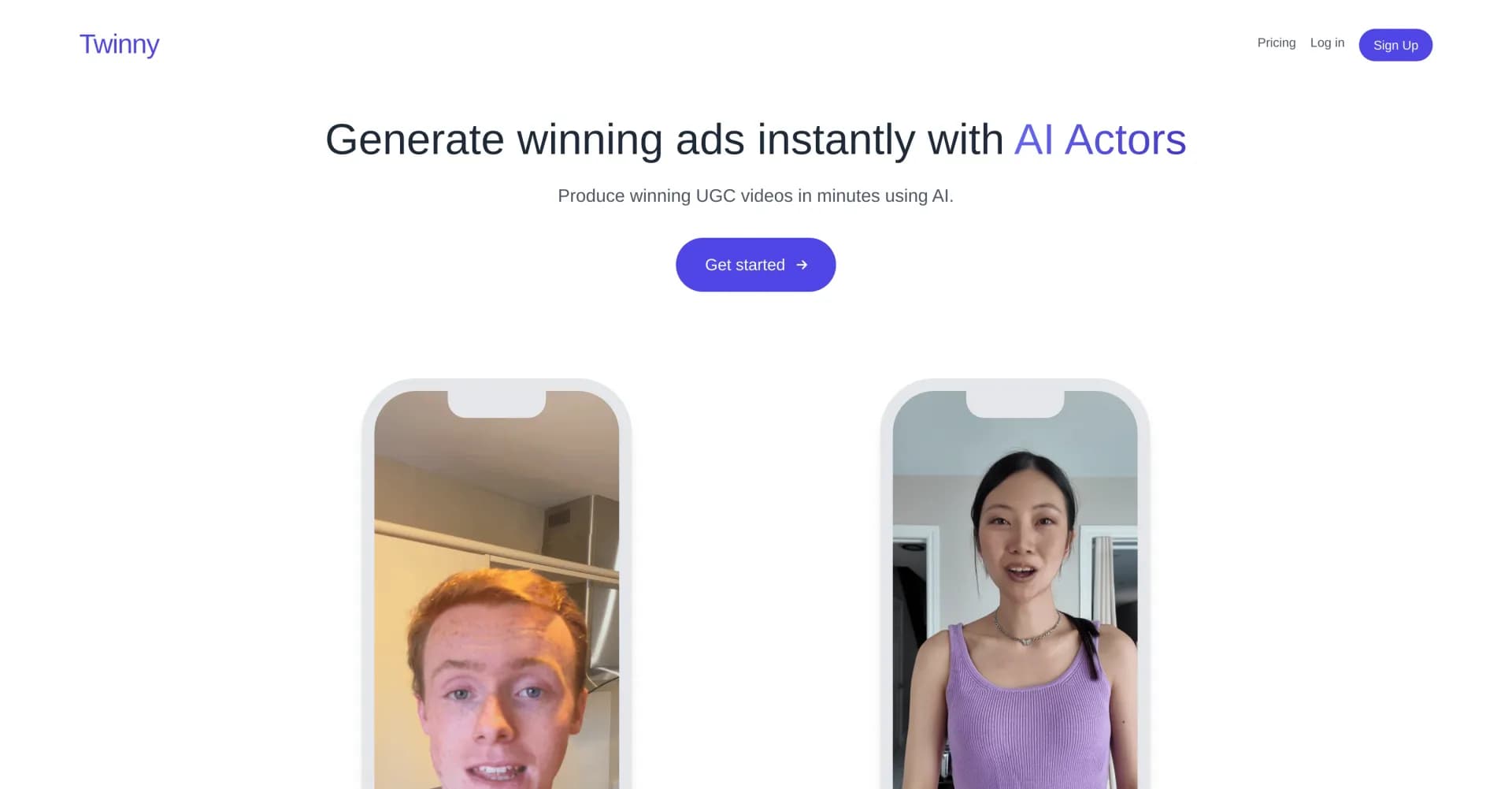 Twinny Ads homepage screenshot — Generate winning ads instantly with AI actors