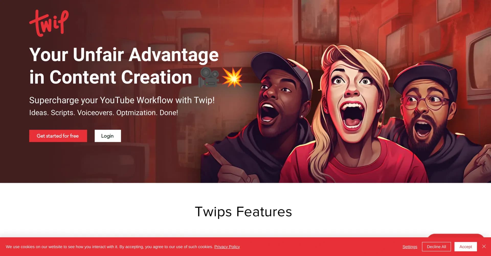 Twip AI homepage screenshot — Supercharge your YouTube workflow with AI