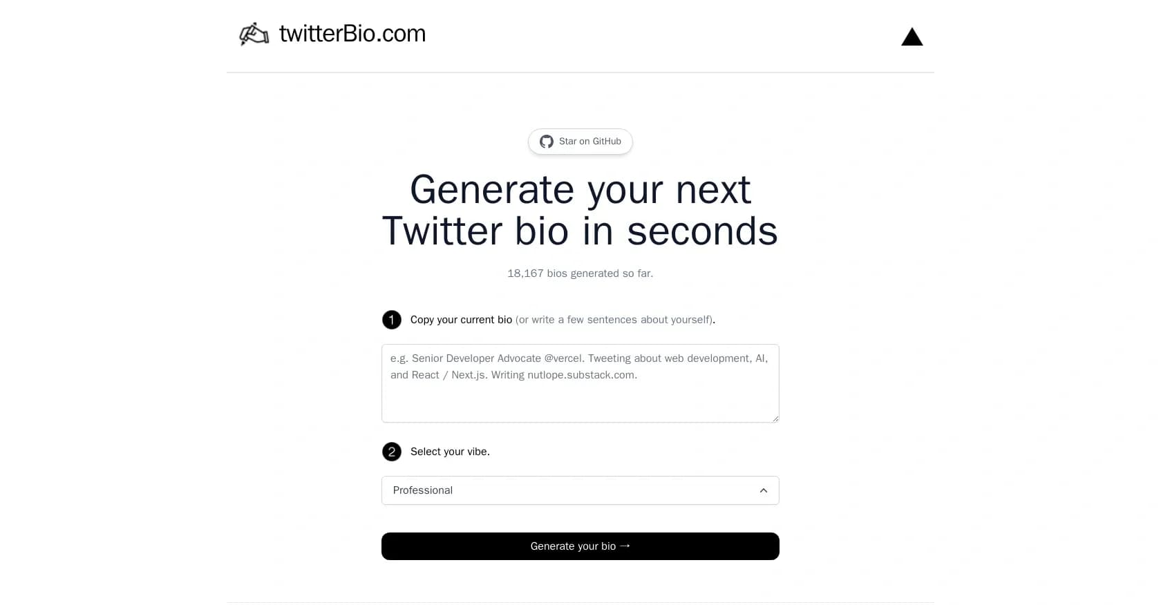Twitter Bio Generator homepage screenshot — Craft catchy Twitter bios instantly.